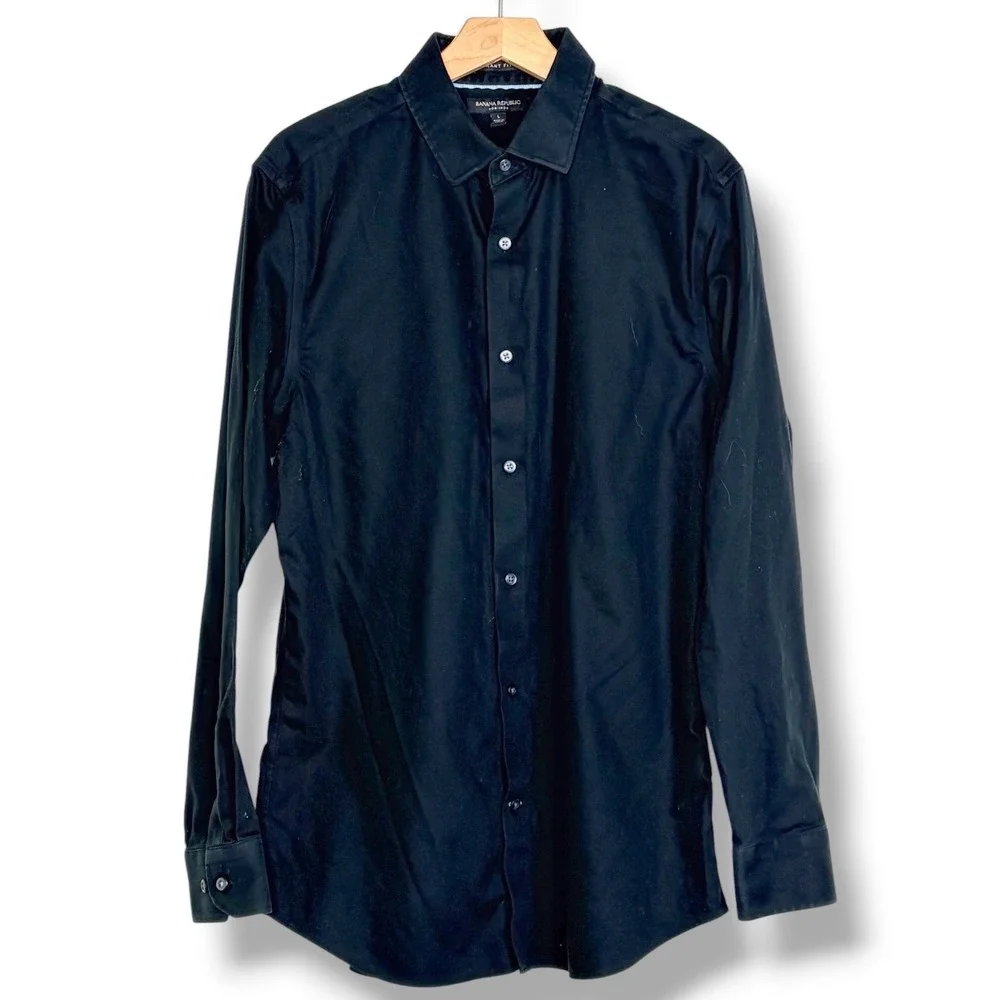 Banana Republic Button Down Shirt L‎ Black Grant Fit Non-Iron Long Sleeve Cotton
